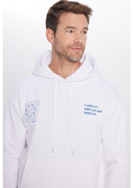 Unisex Oversize Geniş Kesim Pamuklu Yumuşak Dokulu İçi Polarlı Baskılı Beyaz Kapüşonlu Sweatshirt fiyatları