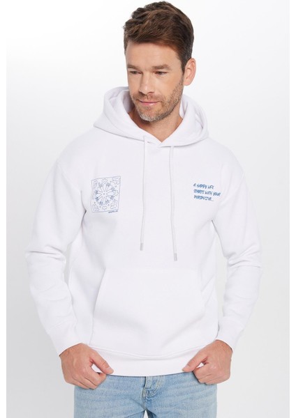 Unisex Oversize Geniş Kesim Pamuklu Yumuşak Dokulu İçi Polarlı Baskılı Beyaz Kapüşonlu Sweatshirt fırsatları