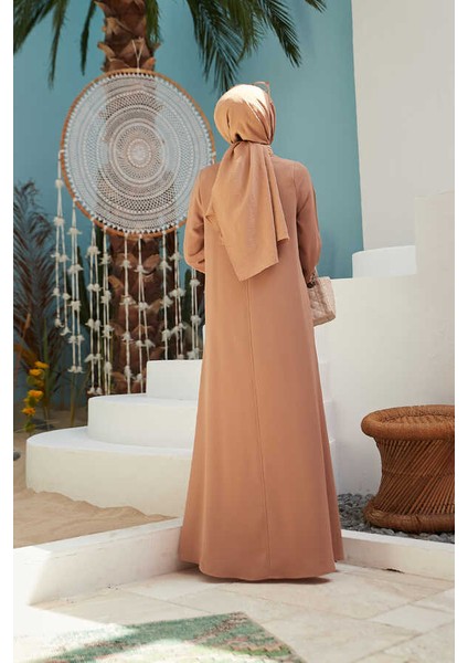 6482-ÖN Tek Pileli Krep Elbise Büsküvit modelleri