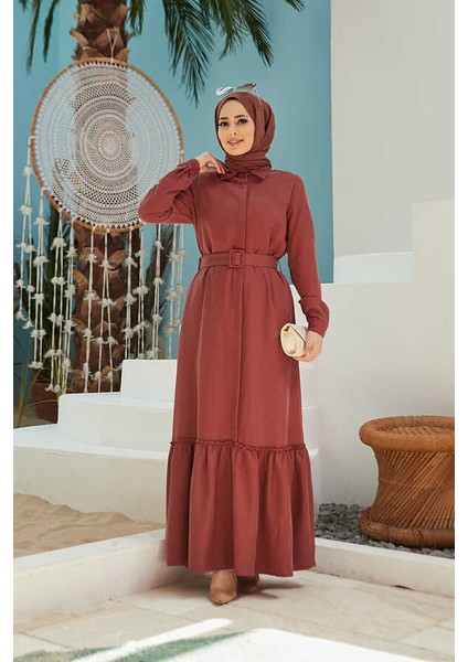 6561-DENIM Kemerli Tensel Elbise Taba