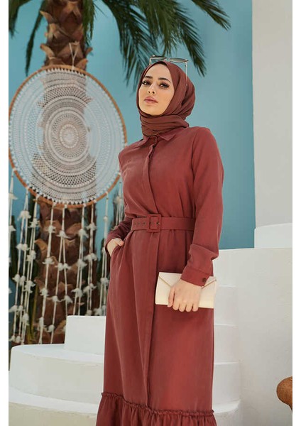 6561-DENIM Kemerli Tensel Elbise Taba fiyatları