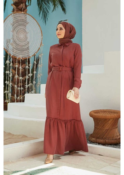 6561-DENIM Kemerli Tensel Elbise Taba fırsatları