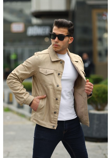 Erkek Slim Fit Denim Kot Ceket Pamuk Düz Desen