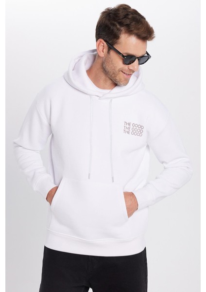 Unisex Oversize Geniş Kesim Pamuklu Yumuşak Dokulu İçi Polarlı Baskılı Beyaz Kapüşonlu Sweatshirt