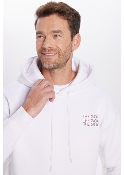 Unisex Oversize Geniş Kesim Pamuklu Yumuşak Dokulu İçi Polarlı Baskılı Beyaz Kapüşonlu Sweatshirt fiyatları