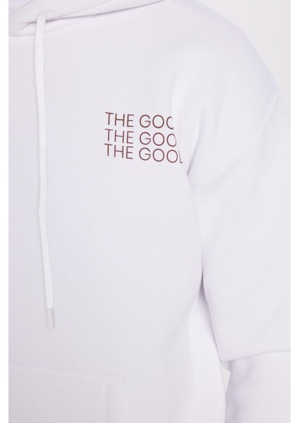 Unisex Oversize Geniş Kesim Pamuklu Yumuşak Dokulu İçi Polarlı Baskılı Beyaz Kapüşonlu Sweatshirt modelleri