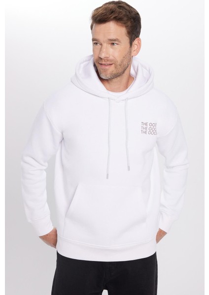 Unisex Oversize Geniş Kesim Pamuklu Yumuşak Dokulu İçi Polarlı Baskılı Beyaz Kapüşonlu Sweatshirt fırsatları