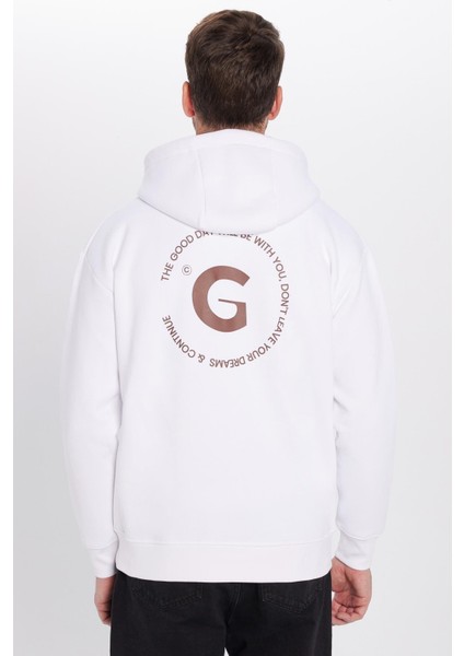 Unisex Oversize Geniş Kesim Pamuklu Yumuşak Dokulu İçi Polarlı Baskılı Beyaz Kapüşonlu Sweatshirt indirimleri