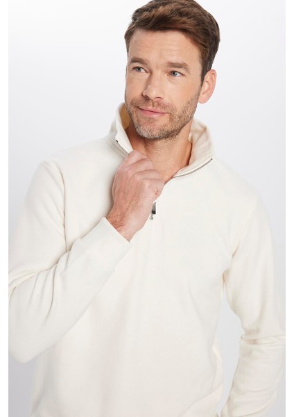 Unisex Relax Fit Rahat Kesim Fitilli Desenli Pamuklu Yarım Fermuarlı Ekru Dik Yaka Sweatshirt