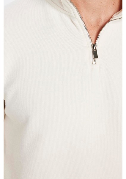 Unisex Relax Fit Rahat Kesim Fitilli Desenli Pamuklu Yarım Fermuarlı Ekru Dik Yaka Sweatshirt fırsatları