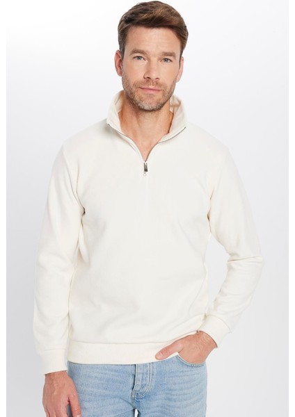 Unisex Relax Fit Rahat Kesim Fitilli Desenli Pamuklu Yarım Fermuarlı Ekru Dik Yaka Sweatshirt