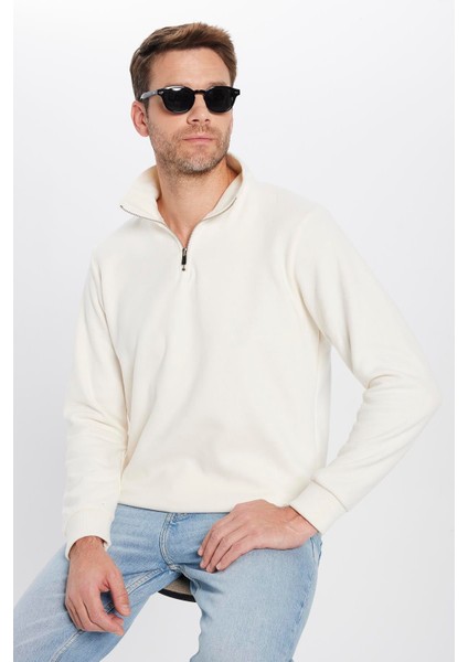 Unisex Relax Fit Rahat Kesim Fitilli Desenli Pamuklu Yarım Fermuarlı Ekru Dik Yaka Sweatshirt