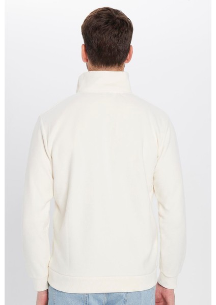 Unisex Relax Fit Rahat Kesim Fitilli Desenli Pamuklu Yarım Fermuarlı Ekru Dik Yaka Sweatshirt