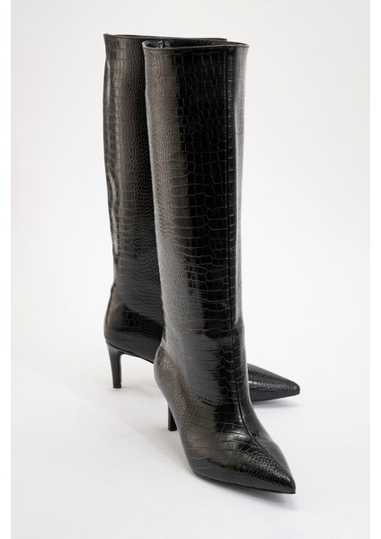 Camila Siyah Baskı Kadın Topuklu Çizme