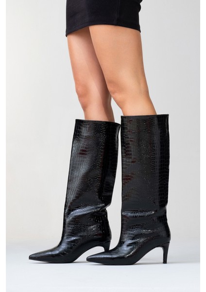Camila Siyah Baskı Kadın Topuklu Çizme indirimleri