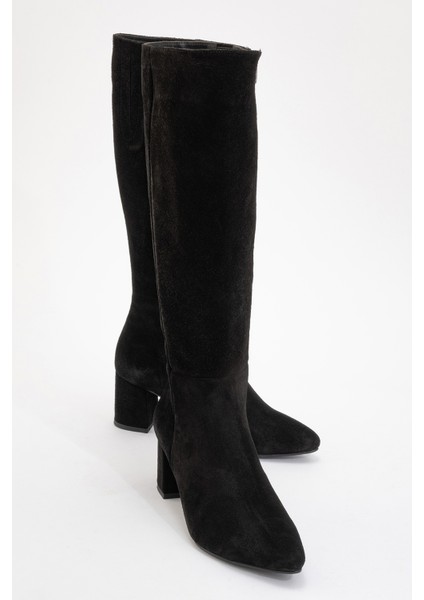 Sejas Siyah Deri Süet Kadın Topuklu Çizme