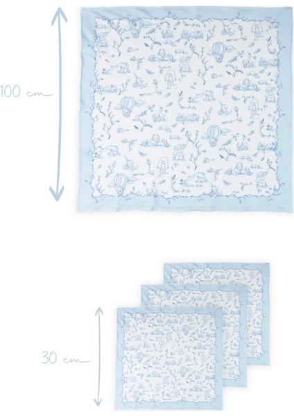 Müslin Bebek Örtüsü ve 3’lü Ağız Bezi Seti - Toile De Jouy / Mavi