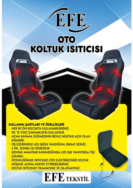 Isıtıcılı Oto Koltuk Minderi Uyarı Işıklı 12V Çakmak Girişli