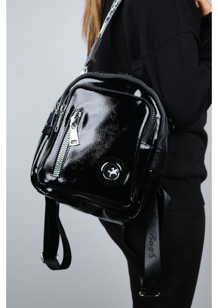 Straw Siyah Kırışık Rugan Kadın Sırt Çantası