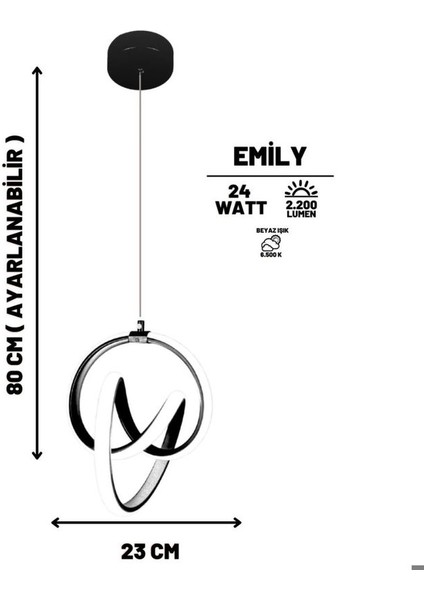 Emily Siyah Modern Sarkıt LED Avize Beyaz Işık Salon Mutfak Oda Hol Ledli Avize