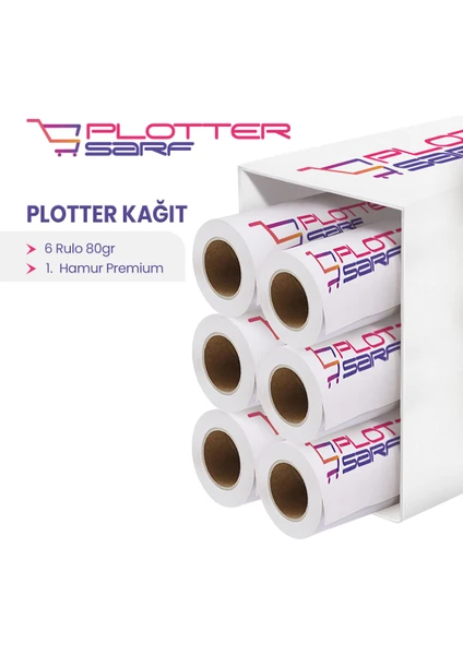 PlotterSarf® 1.Hamur Premium Opak 80 gr Plotter Çizim Kağıdı 91.4cm x 50mt 6 Rulo