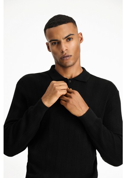 Polo Yaka Slim Fit Dar Kesim Desenli Pamuklu Triko Kazak