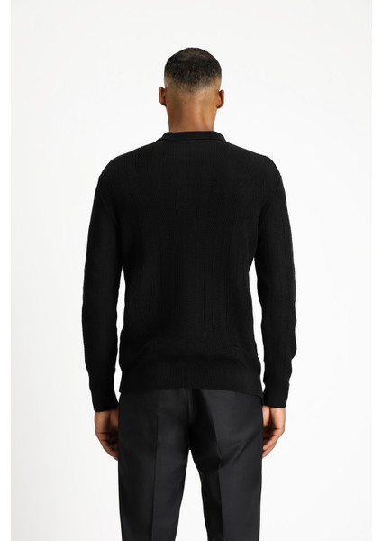 Polo Yaka Slim Fit Dar Kesim Desenli Pamuklu Triko Kazak fırsatları