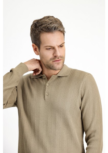 Polo Yaka Slim Fit Dar Kesim Desenli Pamuklu Triko Kazak