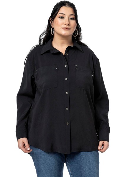 Büyük Beden Torba Cepli Rivetli Siyah Gömlek