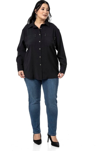 Büyük Beden Torba Cepli Rivetli Siyah Gömlek fiyatları