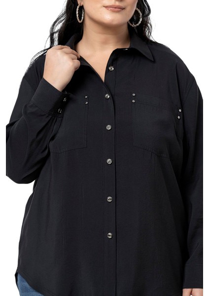 Büyük Beden Torba Cepli Rivetli Siyah Gömlek fırsatları