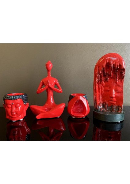 4'lü Set Kırmızı Eskitme Namaste, Tütsülük, Buddha ve Tad Buhurdanlık.