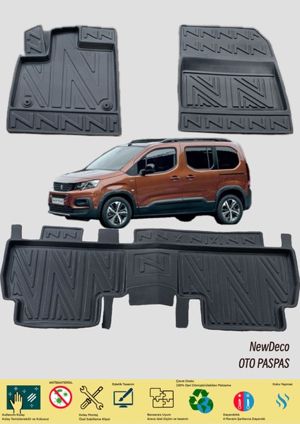 NewDeco Peugeot Rifter 2019 ve Sornası Için 5,5d Carbon Style Havuzlu Paspas - Tpe Malzeme