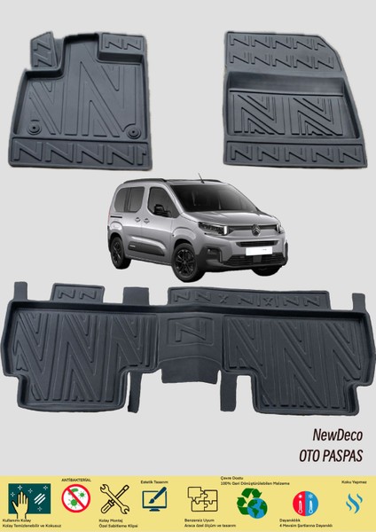 NewDeco Citroen Berli̇ngo 2019+ Için 5,5d Carbon Style Havuzlu Paspas - Tpe Malzeme