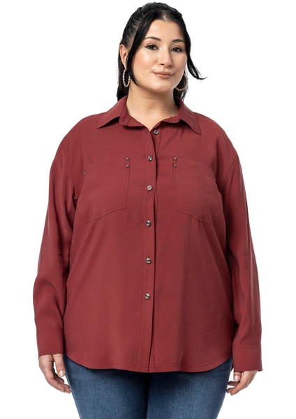 Büyük Beden Torba Cepli Rivetli Bordo Gömlek