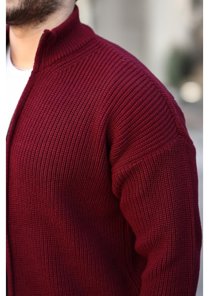 Oversize Selanik Örme Fermuarlı Erkek Hırka- Bordo