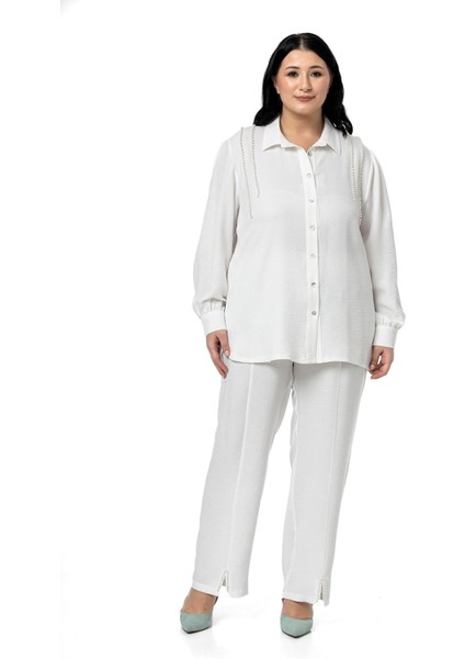 Büyük Beden Inci Detaylı Gömlek Pantolon Siyah Ikili Takım