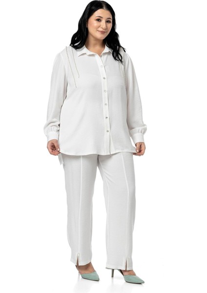 Büyük Beden Inci Detaylı Gömlek Pantolon Siyah Ikili Takım indirimleri