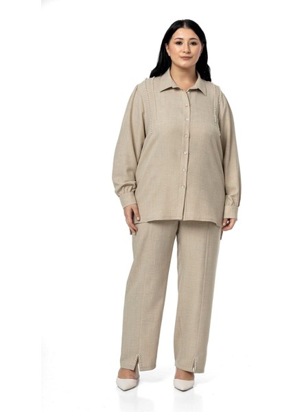 Büyük Beden Inci Detaylı Gömlek Pantolon Siyah Ikili Takım