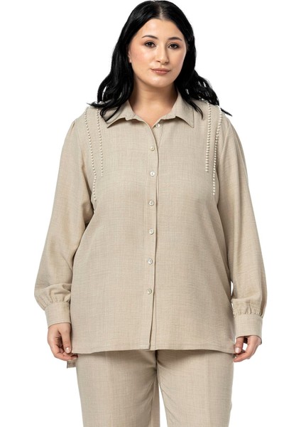 Büyük Beden Inci Detaylı Gömlek Pantolon Siyah Ikili Takım fiyatları