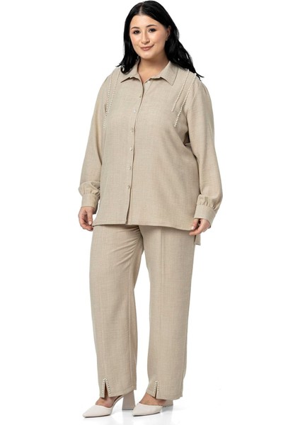 Büyük Beden Inci Detaylı Gömlek Pantolon Siyah Ikili Takım indirimleri