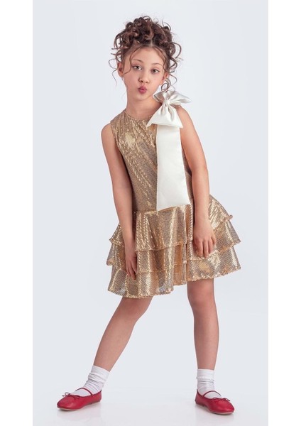 Yaka Fiyonk Pul Payet Kumaşlı Kız Çocuk Abiye Elbise M00702