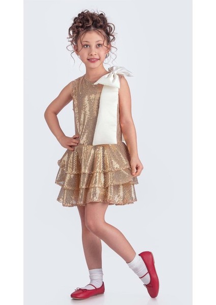 Yaka Fiyonk Pul Payet Kumaşlı Kız Çocuk Abiye Elbise M00702 fiyatları