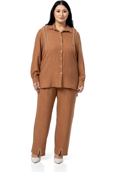 Büyük Beden Inci Detaylı Gömlek Pantolon Siyah Ikili Takım