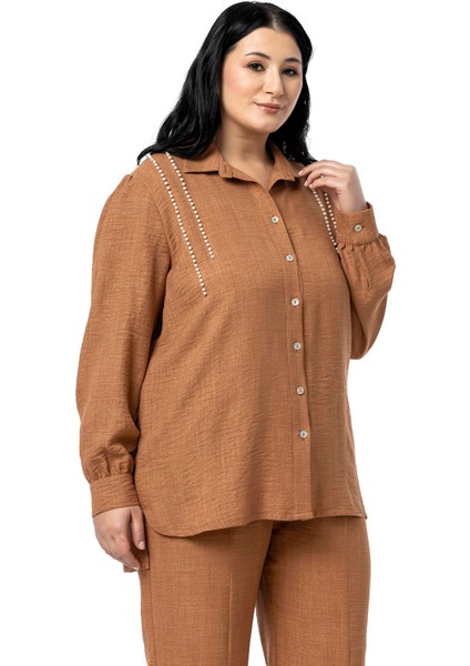 Büyük Beden Inci Detaylı Gömlek Pantolon Siyah Ikili Takım fırsatları