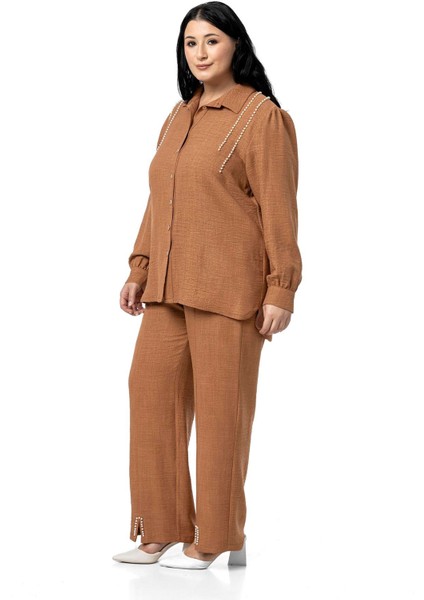 Büyük Beden Inci Detaylı Gömlek Pantolon Siyah Ikili Takım indirimleri