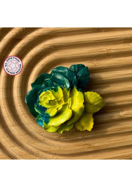 El Yapımı Minik Yeşil - Sarı Gül Magnet - 6 x 7 cm