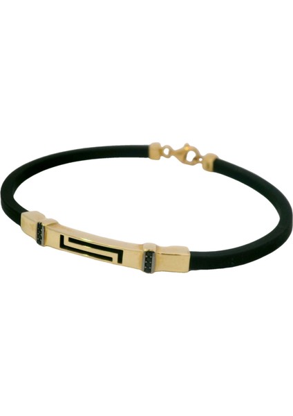 Siyah Taşlı Şık Plakalı Deri Kordon Yeşil Altın Bileklik