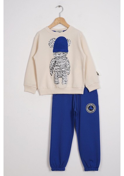 Bisiklet Yaka Uzun Kol Ayı Baskılı Taş Saks Renk Erkek Çocuk Esofman Takım