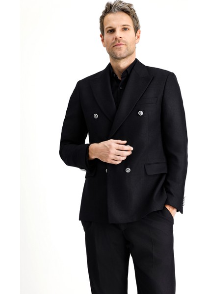 Slim Fit Dar Kesim Desenli Kruvaze Ceket